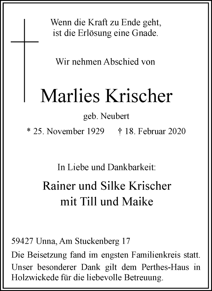  Traueranzeige für Marlies Krischer vom 25.02.2020 aus Hellweger Anzeiger