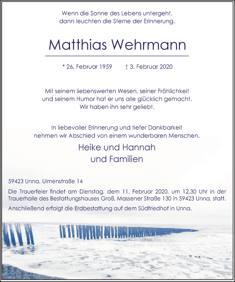  Traueranzeige für Matthias Wehrmann vom 08.02.2020 aus Hellweger Anzeiger