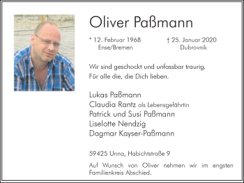 Traueranzeige von Oliver Paßmann von Hellweger Anzeiger