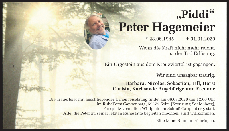  Traueranzeige für Peter Hagemeier vom 08.02.2020 aus Ruhr Nachrichten