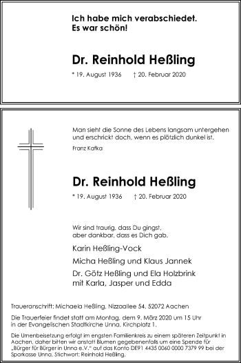 Traueranzeige von Reinhold Heßling von Hellweger Anzeiger