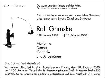 Traueranzeige von Rolf Grimske von Hellweger Anzeiger