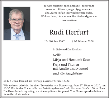Traueranzeige von Rudi Herfurt von Hellweger Anzeiger
