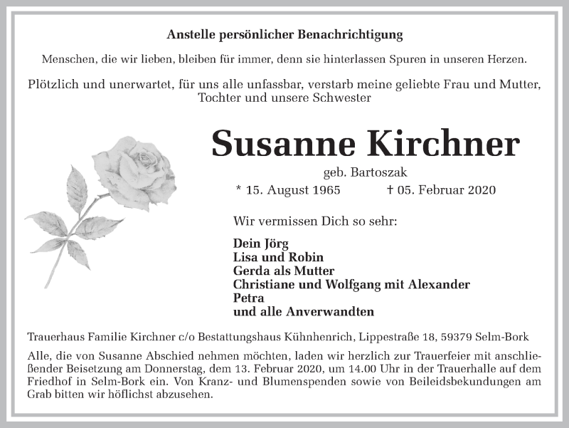  Traueranzeige für Susanne Kirchner vom 08.02.2020 aus Ruhr Nachrichten