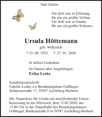 Traueranzeige von Ursula Höttemann von Ruhr Nachrichten