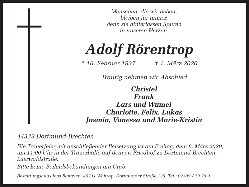 Traueranzeige für Adolf Rörentrop vom 04.03.2020 aus Ruhr Nachrichten