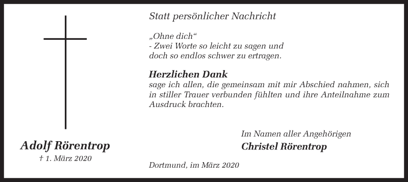  Traueranzeige für Adolf Rörentrop vom 28.03.2020 aus Ruhr Nachrichten
