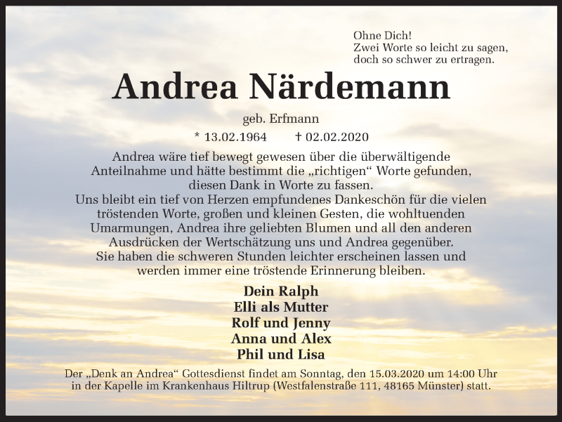  Traueranzeige für Andrea Närdemann vom 07.03.2020 aus Ruhr Nachrichten