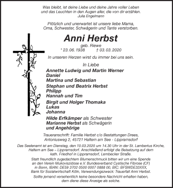 Traueranzeige von Anni Herbst von Ruhr Nachrichten und Halterner Zeitung