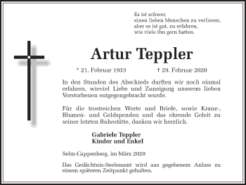 Traueranzeige von Artur Teppler von Ruhr Nachrichten