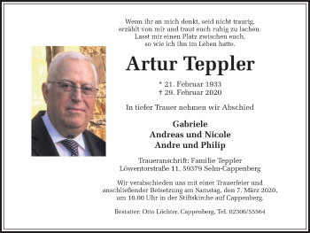 Traueranzeige von Artur Teppler von Ruhr Nachrichten