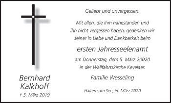 Traueranzeige von Bernhard Kalkhoff von Ruhr Nachrichten und Halterner Zeitung