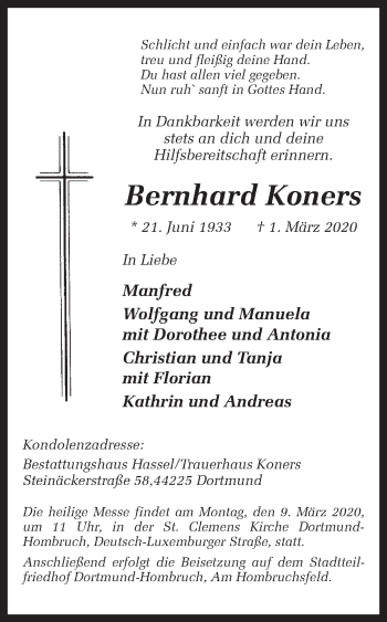 Traueranzeige von Bernhard Koners von Ruhr Nachrichten