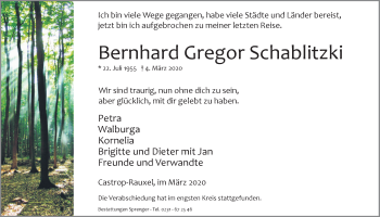 Traueranzeige von Bernhard Gregor Schablitzki von Ruhr Nachrichten