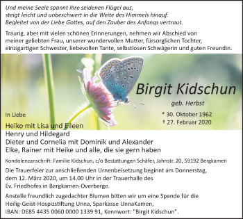 Traueranzeige von Birgit Kidschun von Hellweger Anzeiger