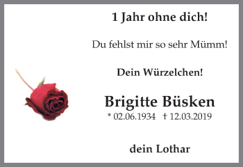 Traueranzeige von Brigitte Büsken von Ruhr Nachrichten und Dorstener Zeitung