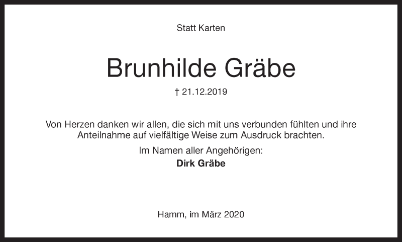  Traueranzeige für Brunhilde Gräbe vom 07.03.2020 aus Hellweger Anzeiger