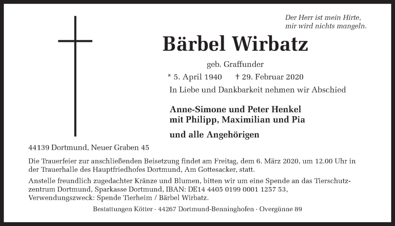  Traueranzeige für Bärbel Wirbatz vom 04.03.2020 aus Ruhr Nachrichten