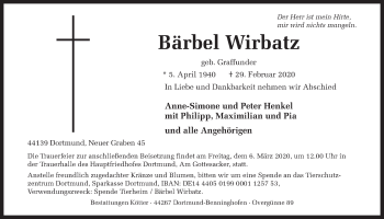 Traueranzeige von Bärbel Wirbatz von Ruhr Nachrichten