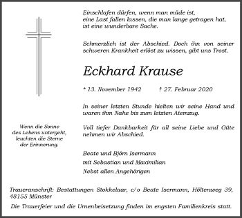 Traueranzeige von Eckhard Krause von Ruhr Nachrichten