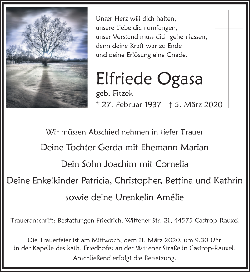  Traueranzeige für Elfriede Ogasa vom 07.03.2020 aus Ruhr Nachrichten