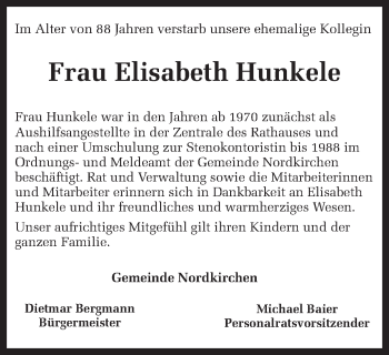 Traueranzeige von Elisabeth Hunkele von Ruhr Nachrichten