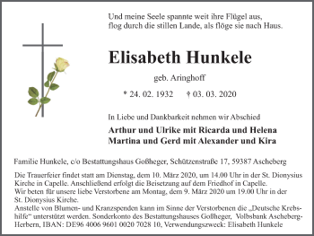 Traueranzeige von Elisabeth Hunkele von Ruhr Nachrichten