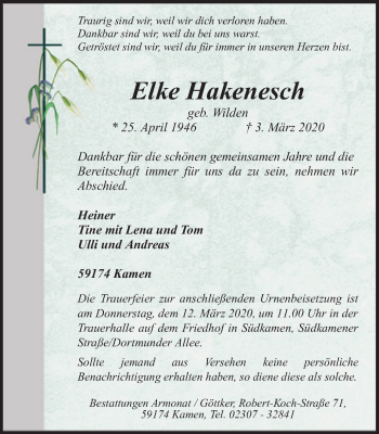 Traueranzeige von Elke Hakenesch von Hellweger Anzeiger