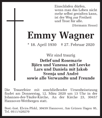 Traueranzeige von Emmy Wagner von Ruhr Nachrichten