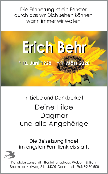 Traueranzeige von Erich Behr von Ruhr Nachrichten