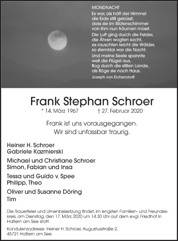 Traueranzeige von Frank Stephan Schroer von Ruhr Nachrichten und Halterner Zeitung