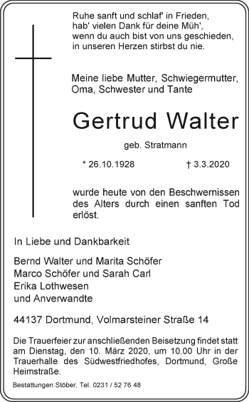 Traueranzeige von Gertrud Walter von Ruhr Nachrichten