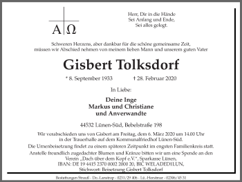 Traueranzeige von Gisbert Tolksdorf von Ruhr Nachrichten