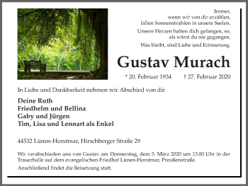 Traueranzeige von Gustav Murach von Ruhr Nachrichten