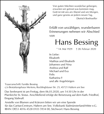 Traueranzeige von Hans Bessing von Ruhr Nachrichten und Halterner Zeitung
