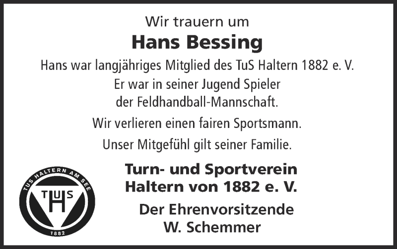  Traueranzeige für Hans Bessing vom 06.03.2020 aus Ruhr Nachrichten und Halterner Zeitung