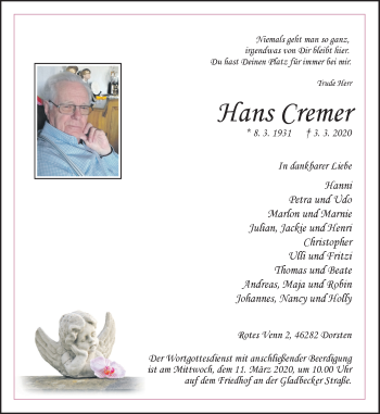 Traueranzeige von Hans Cremer von Ruhr Nachrichten und Dorstener Zeitung