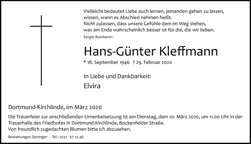  Traueranzeige für Hans-Günter Kleffmann vom 04.03.2020 aus Ruhr Nachrichten