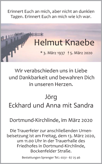 Traueranzeige von Helmut Knaebe von Ruhr Nachrichten