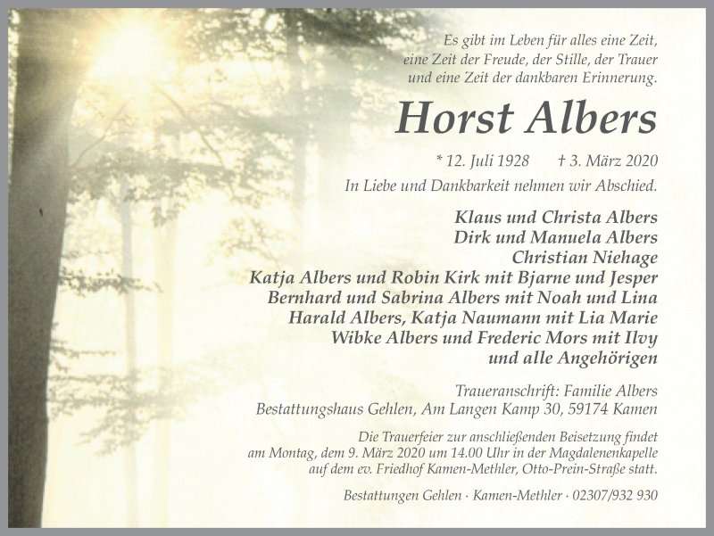  Traueranzeige für Horst Albers vom 06.03.2020 aus Hellweger Anzeiger