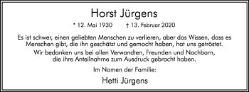 Traueranzeige von Horst Jürgens von Hellweger Anzeiger