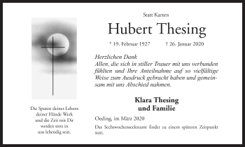 Traueranzeige von Hubert Thesing von Münstersche Zeitung und Münsterland Zeitung