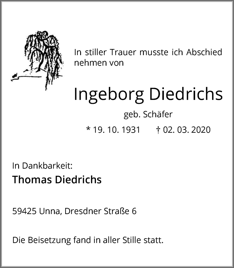  Traueranzeige für Ingeborg Diedrichs vom 11.03.2020 aus Hellweger Anzeiger