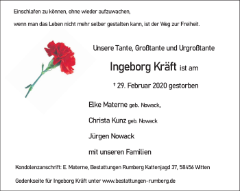Traueranzeige von Ingeborg Kräft von Ruhr Nachrichten