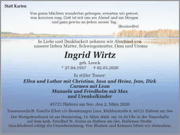Traueranzeige von Ingrid Wirtz von Ruhr Nachrichten und Halterner Zeitung