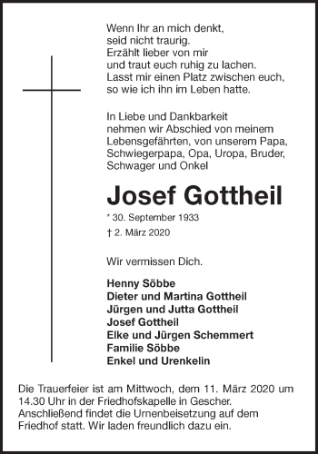 Traueranzeige von Josef Gottheil von Münstersche Zeitung und Münsterland Zeitung