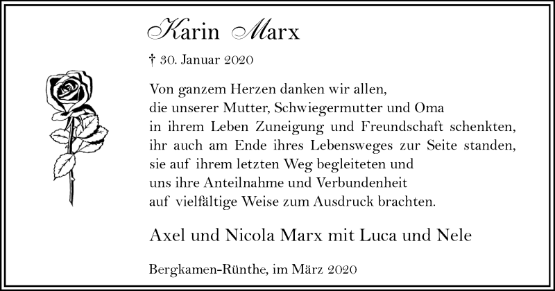  Traueranzeige für Karin Marx vom 28.03.2020 aus Hellweger Anzeiger