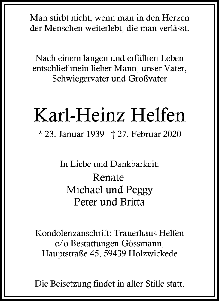  Traueranzeige für Karl-Heinz Helfen vom 07.03.2020 aus Hellweger Anzeiger