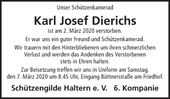 Traueranzeige von Karl Josef Dierichs von Ruhr Nachrichten und Halterner Zeitung