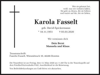 Traueranzeige von Karola Fasselt von Ruhr Nachrichten und Dorstener Zeitung
